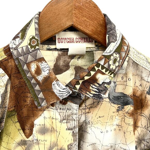 Vintage 90s Gotcha Covered Khaki 100% Cotton Safari Animal Button Down Shirt - Picture 2 of 9